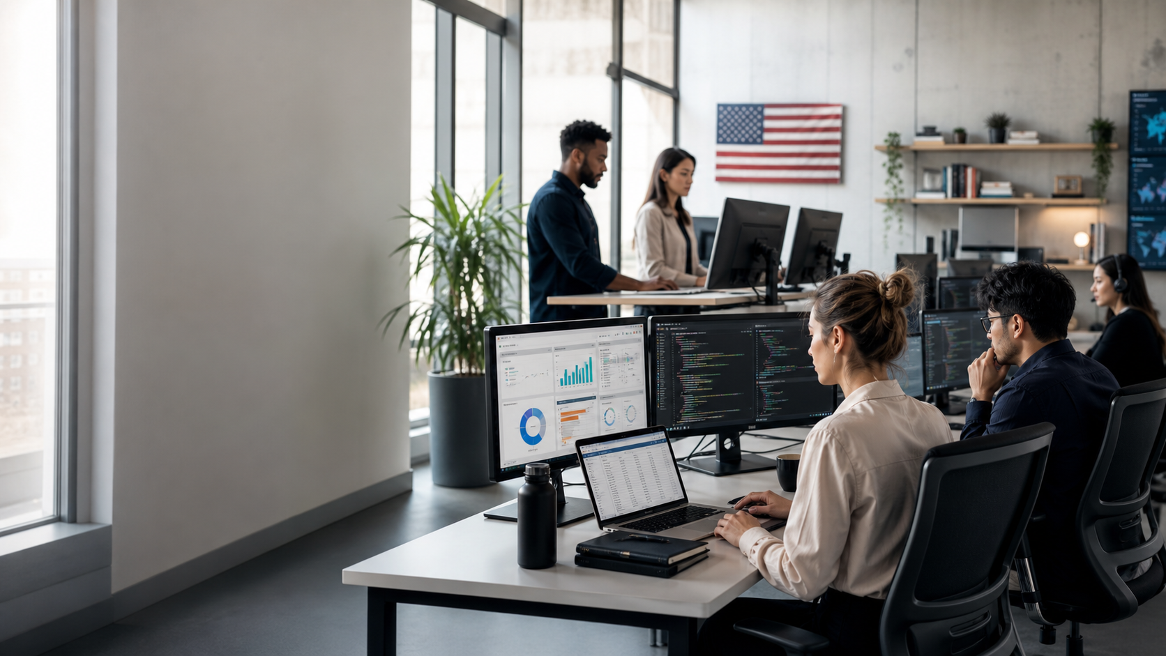 Professional remote operations team working across finance, support, sales, and software systems